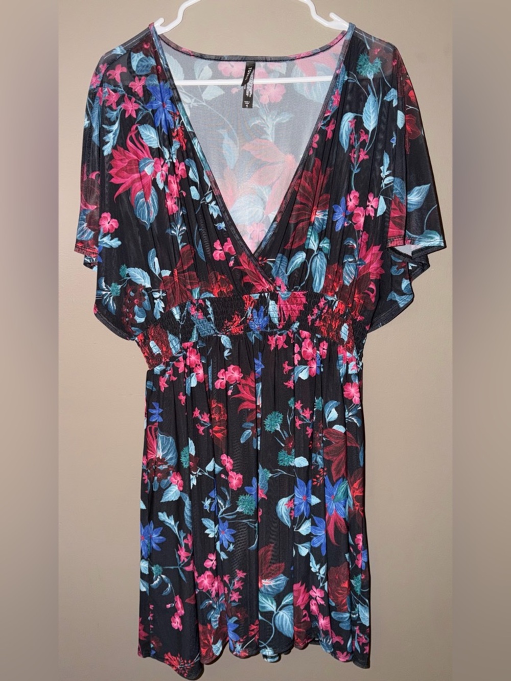 Torrid Floral Swim Cover Up Size 1 Black Pink Blue Mesh Kimono Dress